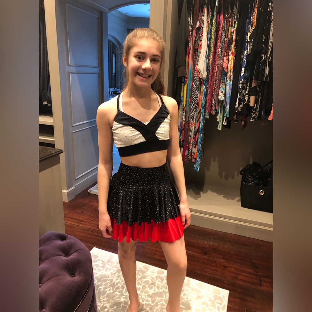 KELLE Small Adult Teen Child Black & White Silver Flecks Top Red & Black…